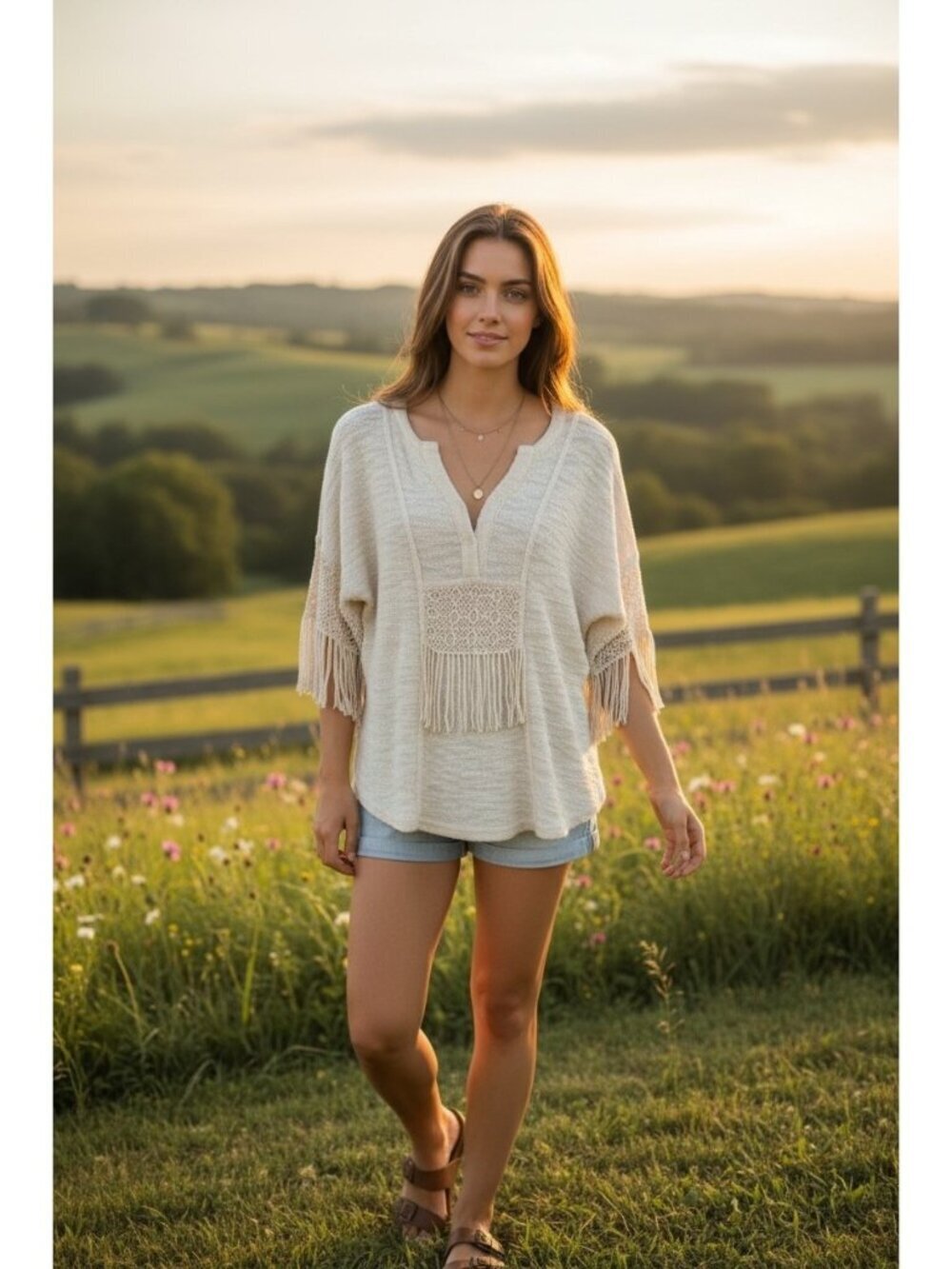 XCVI Ivory Crochet Fringe Knit Boho Top Cotton Blend Relaxed Fit Size S
